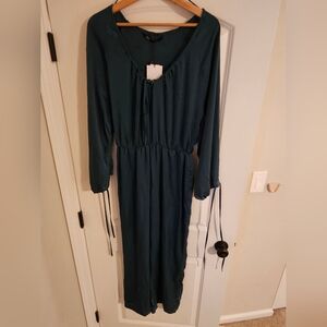 NWT ZARA Teal Long-Sleeve Wide-Leg Jumpsuit with Tie Neck Detail